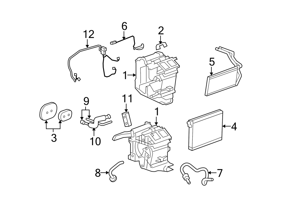 Air conditioner & heater. Rear door. Evaporator & heater components.