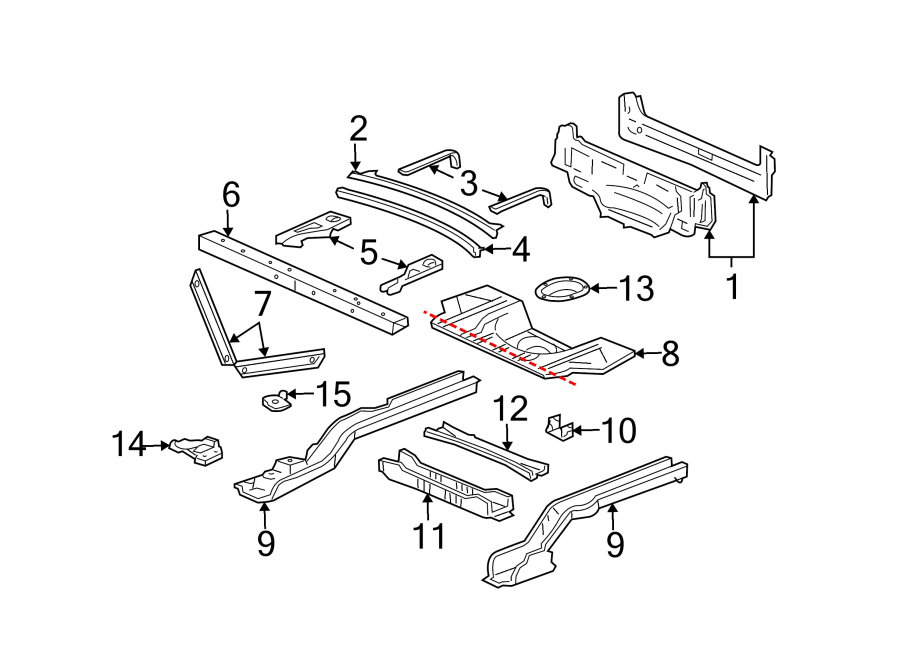 Diagram REAR BODY & FLOOR. FLOOR & RAILS. for your 2015 Chevrolet Trax   