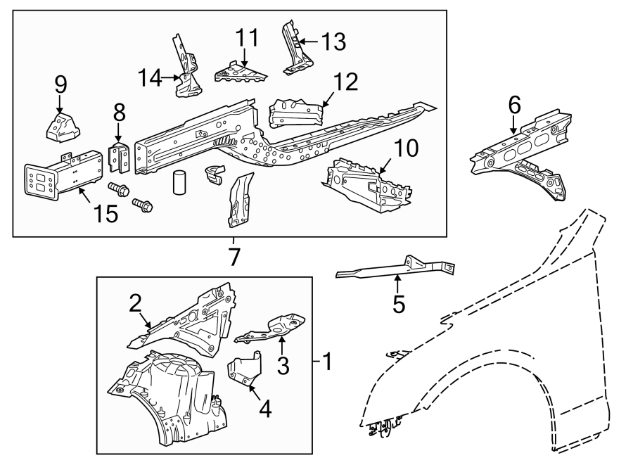 Diagram FENDER. STRUCTURAL COMPONENTS & RAILS. for your 2020 Chevrolet Camaro 6.2L V8 A/T LT1 Coupe 