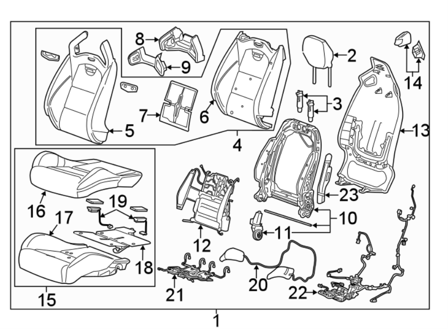 Diagram SEATS & TRACKS. DRIVER SEAT COMPONENTS. for your 2023 Cadillac XT4 Premium Luxury Sport Utility  