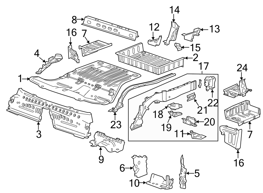 Diagram REAR BODY & FLOOR. FLOOR & RAILS. for your 2023 Cadillac XT4 Luxury Sport Utility  