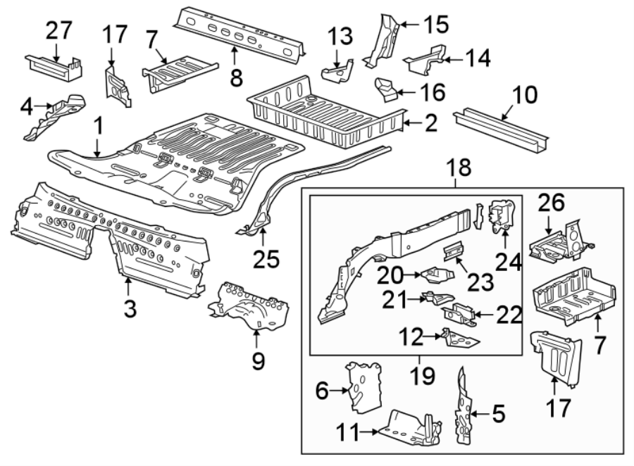 Diagram REAR BODY & FLOOR. FLOOR & RAILS. for your 2015 GMC Sierra 2500 HD 6.0L Vortec V8 FLEX A/T RWD SLE Standard Cab Pickup Fleetside 