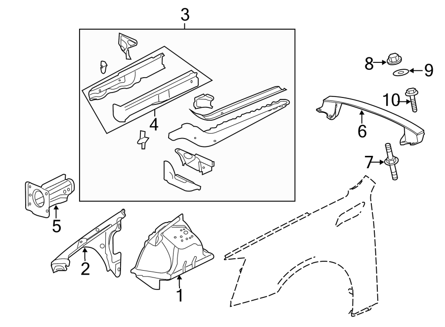 Diagram Fender. Structural components & rails. for your 2016 Chevrolet Camaro 6.2L V8 M/T SS Coupe 