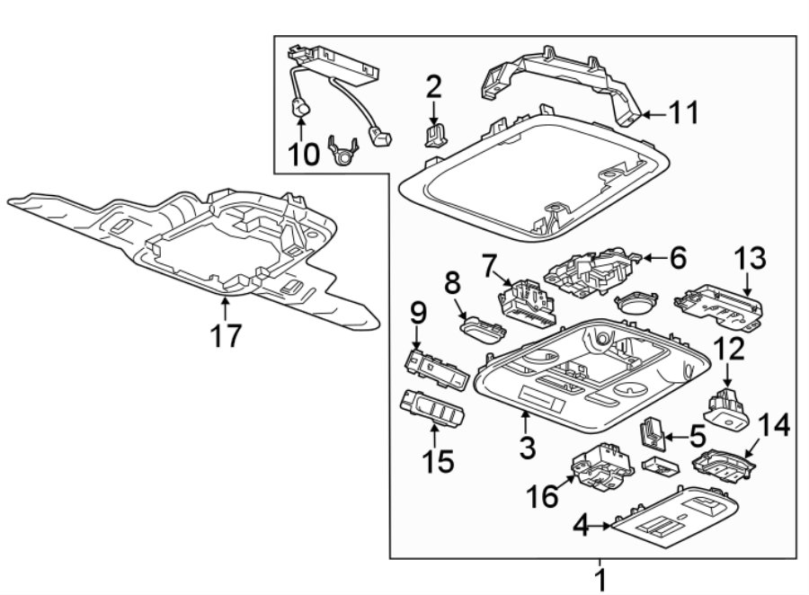 Diagram OVERHEAD CONSOLE. for your 2019 Cadillac ATS Base Coupe 2.0L Ecotec A/T RWD 