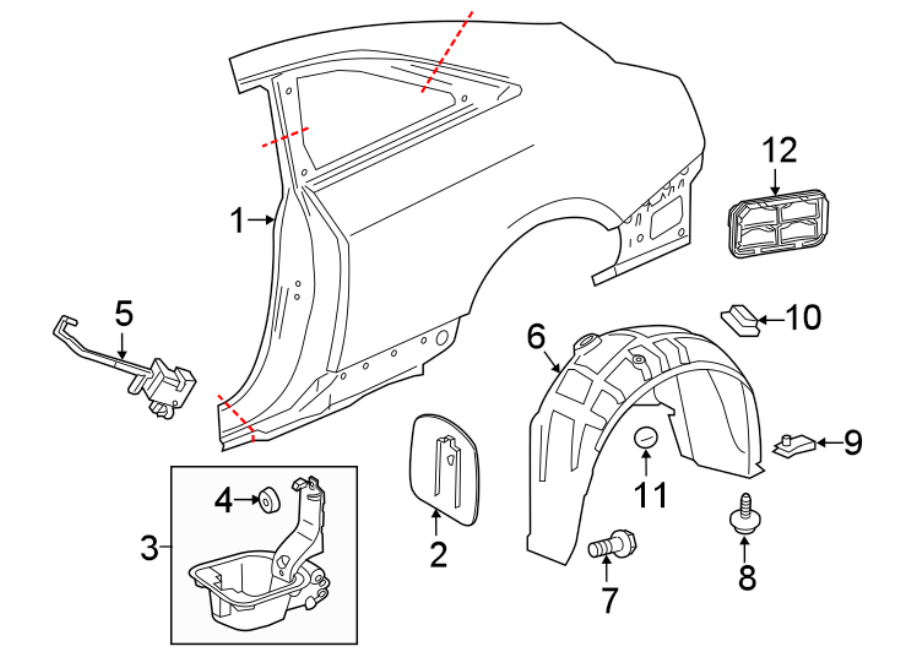 Diagram QUARTER PANEL & COMPONENTS. for your 2022 Cadillac XT4 Premium Luxury Sport Utility 2.0L A/T FWD 