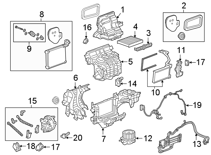 Diagram Air conditioner & heater. Evaporator & heater components. for your 2020 Buick Enclave    