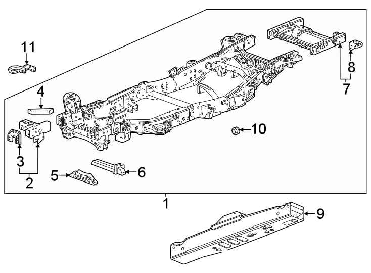 Diagram Frame & components. for your 2019 GMC Sierra 2500 HD 6.6L Duramax V8 DIESEL A/T RWD Base Extended Cab Pickup Fleetside 