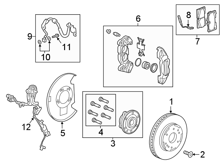 Diagram Front suspension. Brake components. for your 2019 GMC Sierra 2500 HD 6.6L Duramax V8 DIESEL A/T RWD Base Extended Cab Pickup Fleetside 