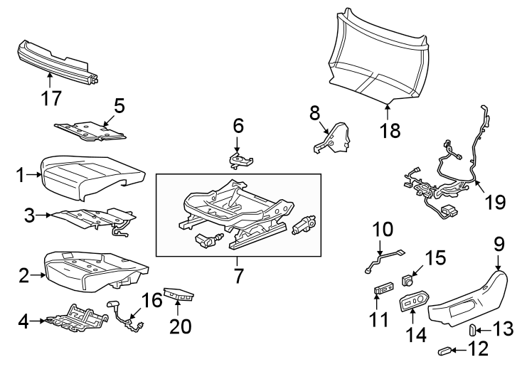 Diagram Seats & tracks. Driver seat components. for your 2007 GMC Sierra 2500 HD 6.0L Vortec V8 A/T 4WD SLT Extended Cab Pickup 