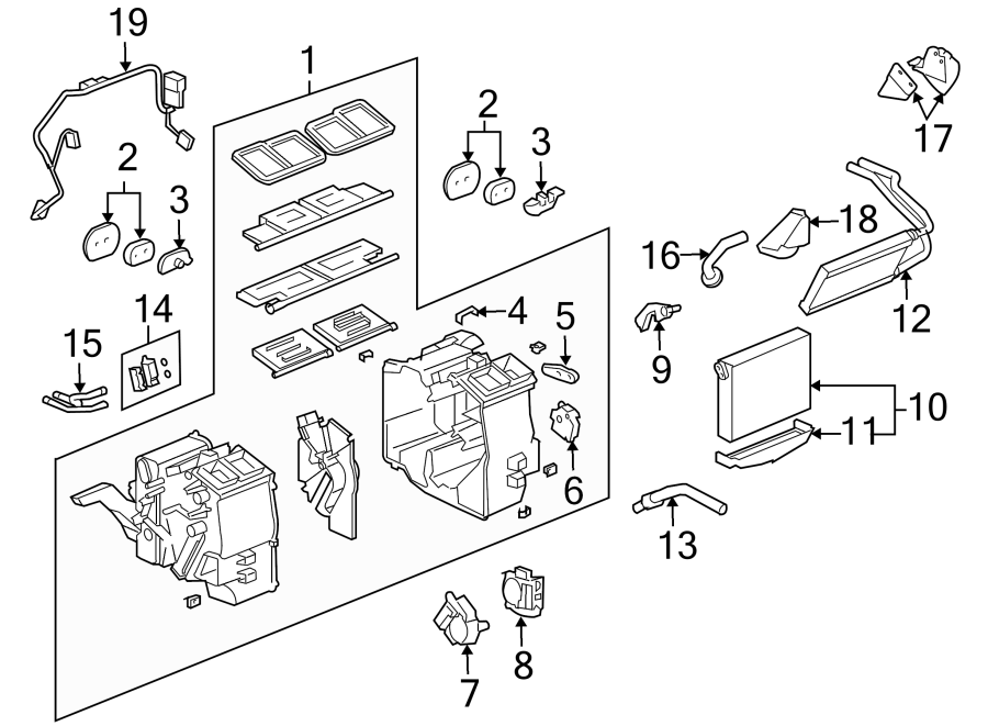 19Air conditioner & heater. Evaporator & heater components.https://images.simplepart.com/images/parts/motor/fullsize/BK03102.png