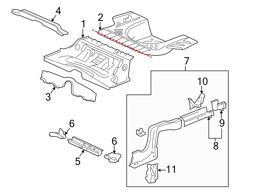 Diagram REAR BODY & FLOOR. FLOOR & RAILS. for your 2012 GMC Sierra 2500 HD 6.6L Duramax V8 DIESEL A/T RWD WT Standard Cab Pickup Fleetside 