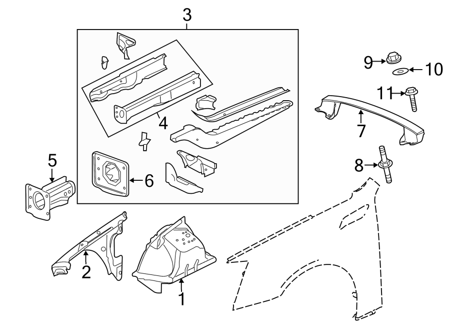 Diagram FENDER. STRUCTURAL COMPONENTS & RAILS. for your 2019 GMC Sierra 2500 HD 6.0L Vortec V8 A/T RWD Base Crew Cab Pickup Fleetside 