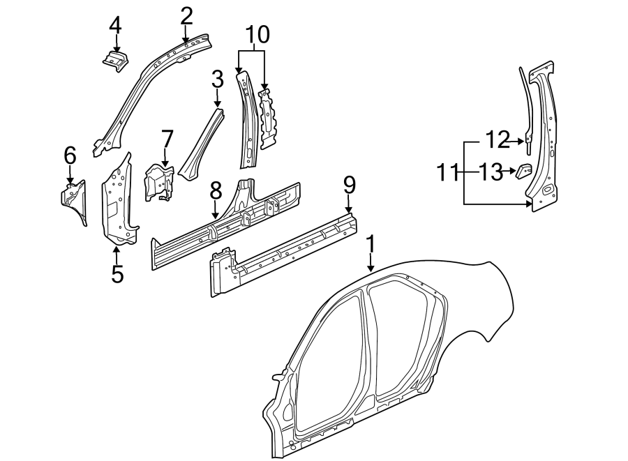 Diagram PILLARS. ROCKER & FLOOR. CENTER PILLAR. HINGE PILLAR. UNISIDE. for your 2011 Buick Lucerne   