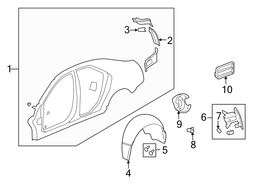 Diagram QUARTER PANEL & COMPONENTS. for your 2022 Cadillac XT4 Premium Luxury Sport Utility 2.0L A/T FWD 