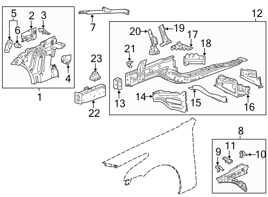 Diagram FENDER. STRUCTURAL COMPONENTS & RAILS. for your 2011 GMC Sierra 2500 HD 6.6L Duramax V8 DIESEL A/T RWD SLE Standard Cab Pickup 