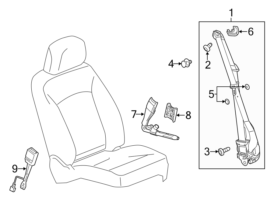 Diagram RESTRAINT SYSTEMS. FRONT SEAT BELTS. for your 2020 Chevrolet Spark 1.4L Ecotec CVT ACTIV Hatchback 