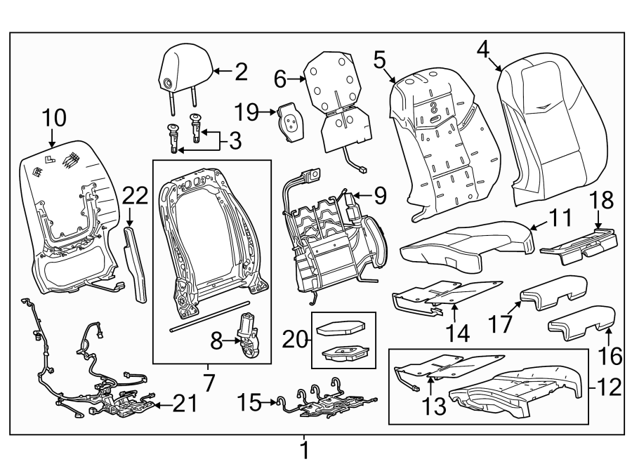 Seats & tracks. Passenger seat components. Diagram