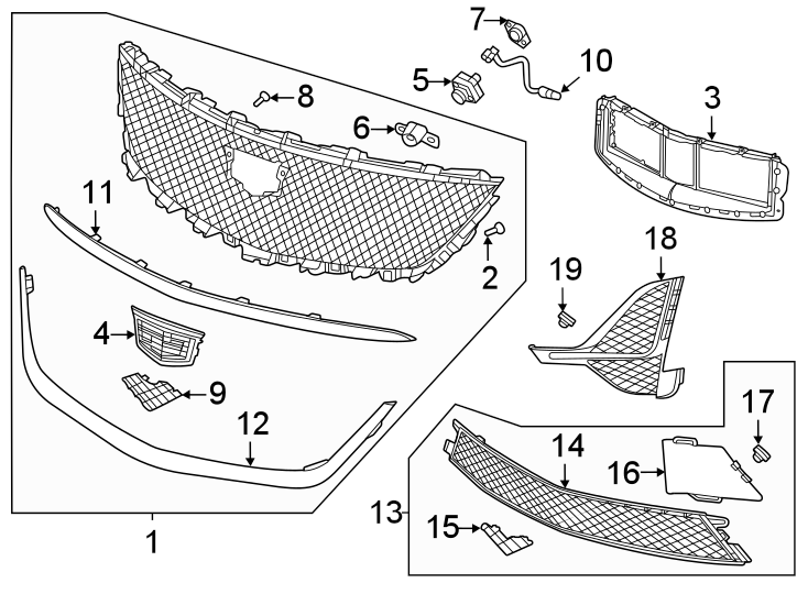 3Front bumper & grille. Grille & components.https://images.simplepart.com/images/parts/motor/fullsize/BK20040.png