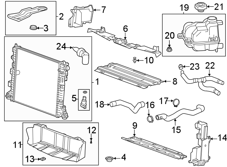 Diagram Radiator & components. for your 2023 Cadillac XT4 Luxury Sport Utility 2.0L A/T FWD 