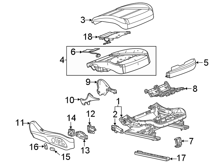 Diagram Seats & tracks. Passenger seat components. for your 2007 GMC Sierra 2500 HD 6.0L Vortec V8 A/T 4WD SLE Extended Cab Pickup 