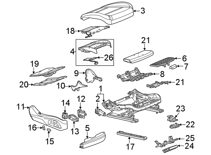 Diagram Seats & tracks. Passenger seat components. for your 2007 GMC Sierra 2500 HD 6.0L Vortec V8 A/T 4WD SLE Extended Cab Pickup 