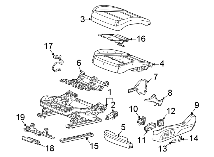 Diagram Seats & tracks. Driver seat components. for your 2018 Cadillac ATS Luxury Coupe 2.0L Ecotec A/T AWD 