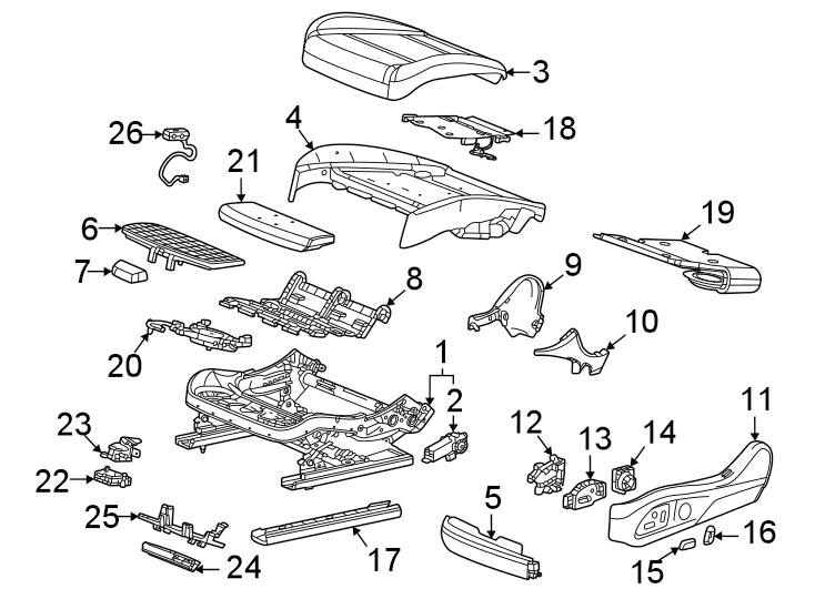 Diagram Seats & tracks. Driver seat components. for your 2007 GMC Sierra 2500 HD 6.0L Vortec V8 A/T 4WD SLT Extended Cab Pickup 