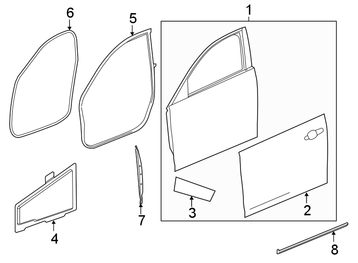 Front door. Door & components. Diagram