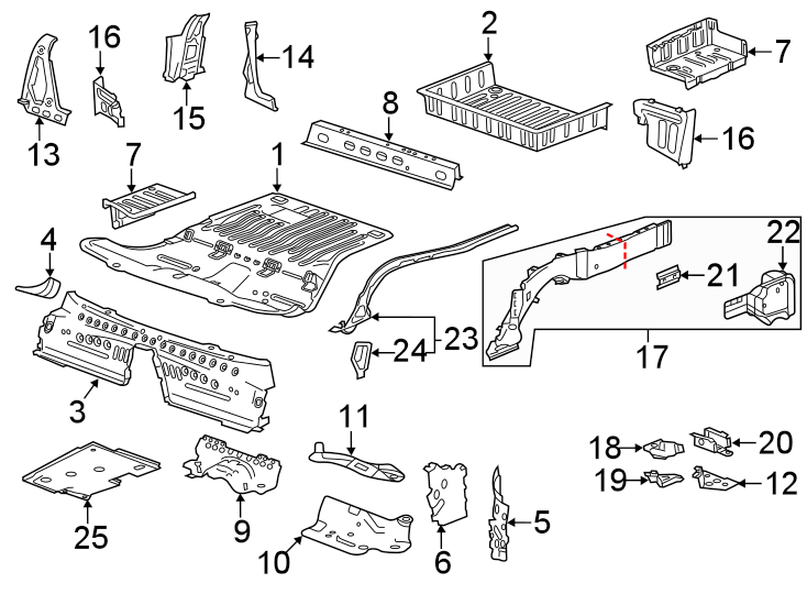 Rear body & floor. Floor & rails. Diagram