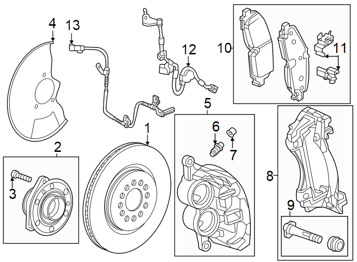 Diagram Front suspension. Brake components. for your 2018 GMC Sierra 2500 HD 6.6L Duramax V8 DIESEL A/T 4WD SLE Extended Cab Pickup Fleetside 