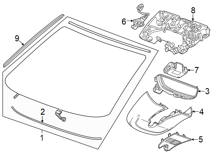 1Windshield. Glass. Reveal moldings.https://images.simplepart.com/images/parts/motor/fullsize/BL23305.png