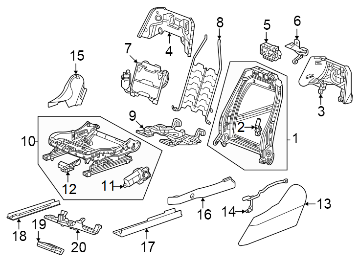 Diagram Seats & tracks. Driver seat components. for your 2018 Cadillac ATS Luxury Coupe 2.0L Ecotec A/T AWD 