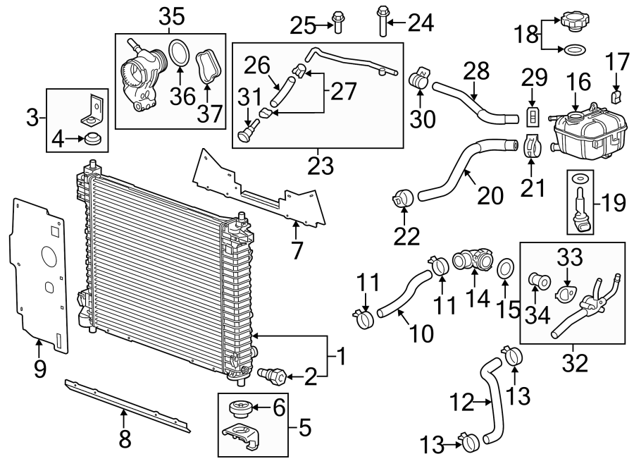 Diagram RADIATOR & COMPONENTS. for your 2021 Chevrolet Camaro LT Coupe 2.0L Ecotec A/T 