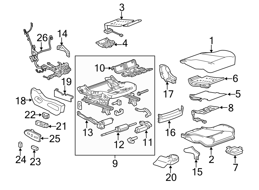 Diagram SEATS & TRACKS. PASSENGER SEAT COMPONENTS. for your 2021 GMC Sierra 2500 HD 6.6L V8 A/T 4WD Base Extended Cab Pickup 