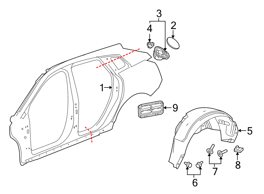 Diagram Quarter panel & components. for your 2022 Cadillac XT4 Premium Luxury Sport Utility 2.0L A/T 4WD 