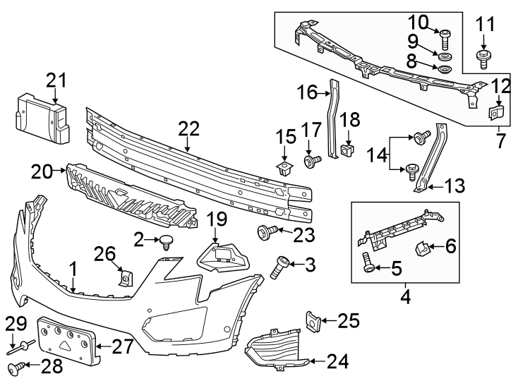 Diagram FRONT BUMPER & GRILLE. BUMPER & COMPONENTS. for your 2022 Cadillac XT4 Premium Luxury Sport Utility  