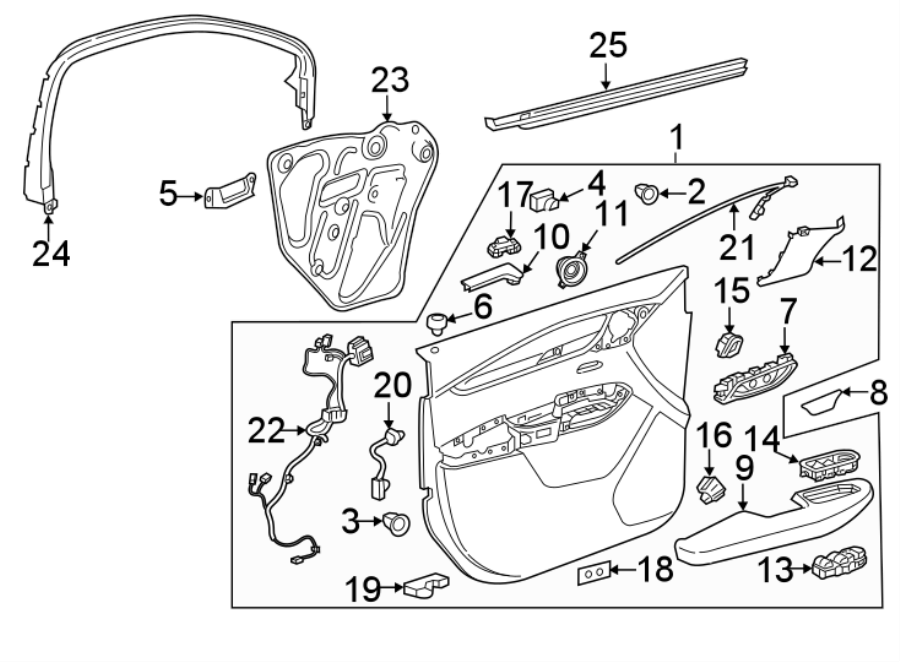 Diagram FRONT DOOR. INTERIOR TRIM. for your 2021 GMC Sierra 2500 HD 6.6L Duramax V8 DIESEL A/T 4WD Base Extended Cab Pickup Fleetside 