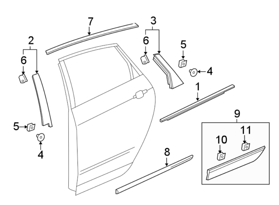 Diagram REAR DOOR. EXTERIOR TRIM. for your 2013 Chevrolet Sonic   