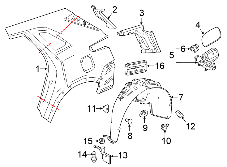 Diagram QUARTER PANEL & COMPONENTS. for your 2023 Cadillac XT4 Sport Sport Utility  