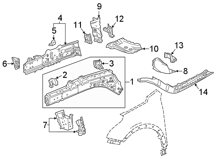 Diagram FENDER. STRUCTURAL COMPONENTS & RAILS. for your 2011 GMC Sierra 2500 HD 6.6L Duramax V8 DIESEL A/T RWD SLE Standard Cab Pickup 