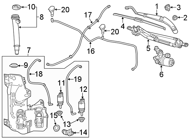 Diagram WINDSHIELD. WIPER & WASHER COMPONENTS. for your 2022 Cadillac XT4 Premium Luxury Sport Utility 2.0L A/T FWD 