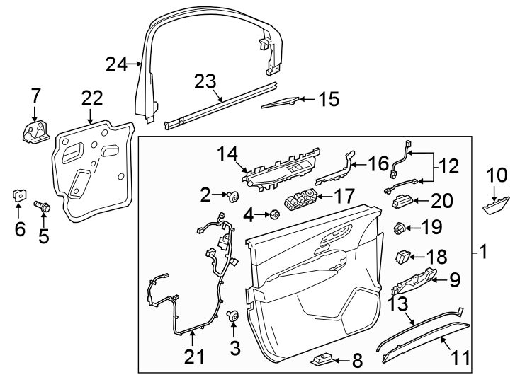 Diagram FRONT DOOR. INTERIOR TRIM. for your 2021 GMC Sierra 2500 HD 6.6L Duramax V8 DIESEL A/T 4WD Base Extended Cab Pickup Fleetside 