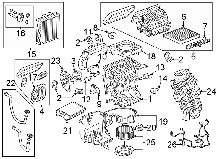 Diagram AIR CONDITIONER & HEATER. EVAPORATOR & HEATER COMPONENTS. for your 2005 Chevrolet Trailblazer   