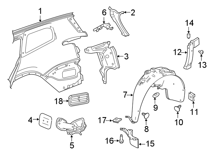 Diagram QUARTER PANEL & COMPONENTS. for your 2022 Cadillac XT4 Premium Luxury Sport Utility 2.0L A/T FWD 