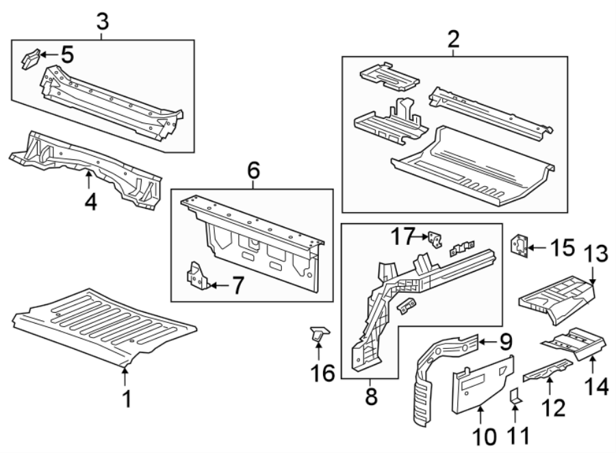 Diagram REAR BODY & FLOOR. FLOOR & RAILS. for your 2015 GMC Sierra 2500 HD 6.6L Duramax V8 DIESEL A/T 4WD SLE Standard Cab Pickup Fleetside 