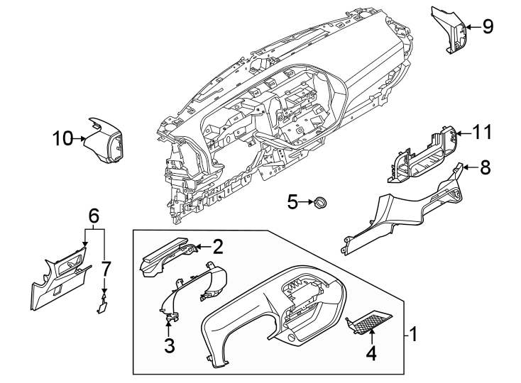 Diagram Instrument panel components. for your 2021 Ford Bronco 2.7L EcoBoost V6 A/T 4WD Wildtrak Sport Utility 