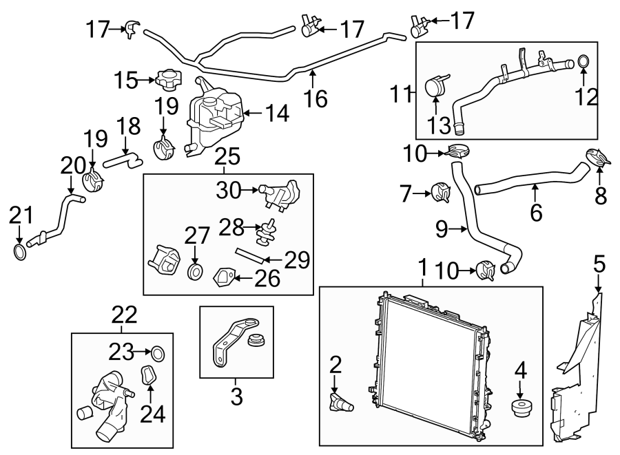 Diagram RADIATOR & COMPONENTS. for your 2009 GMC Sierra 2500 HD 6.6L Duramax V8 DIESEL A/T RWD SLE Crew Cab Pickup Fleetside 