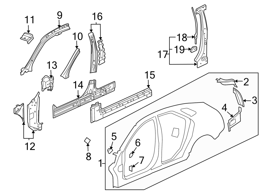 Diagram Pillars. Rocker & floor. Center pillar. Hinge pillar. Uniside. for your 2021 GMC Sierra 2500 HD 6.6L Duramax V8 DIESEL A/T 4WD Base Extended Cab Pickup Fleetside 