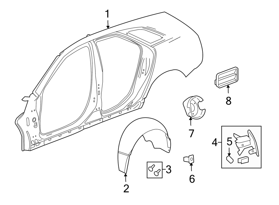 Diagram QUARTER PANEL & COMPONENTS. for your 2022 Cadillac XT4 Premium Luxury Sport Utility 2.0L A/T 4WD 