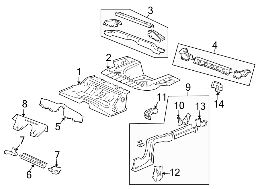 Diagram REAR BODY & FLOOR. FLOOR & RAILS. for your 2012 GMC Sierra 2500 HD 6.6L Duramax V8 DIESEL A/T RWD WT Standard Cab Pickup Fleetside 